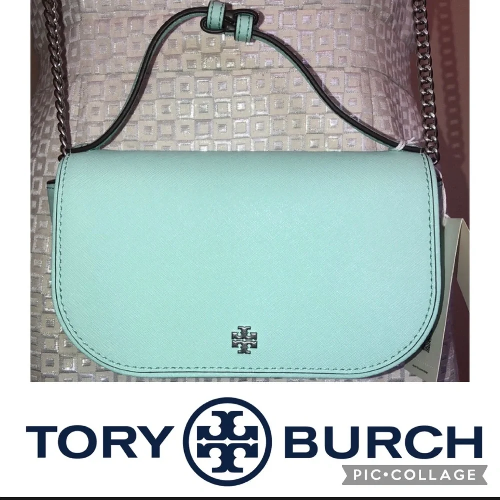 TORY BURCH Emerson Top Handle Crossbody Soft Aqua With Silver Embellishment NWT - Picture 2 of 11